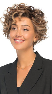TWISTED PIXIE in color EL17/23/R8 | Pale Auburn Beige Blonde Blend, Rooted Medium Brown, Highlighted Light Blonde with face framimg highlights