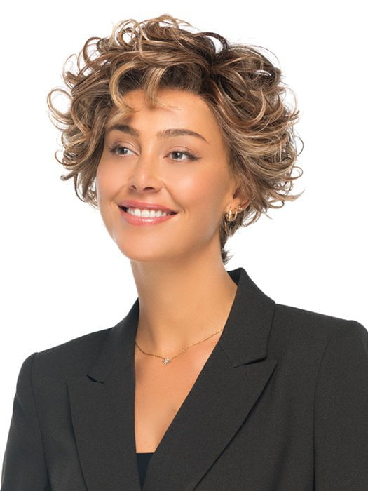 TWISTED PIXIE in color EL17/23/R8 | Pale Auburn Beige Blonde Blend, Rooted Medium Brown, Highlighted Light Blonde with face framimg highlights