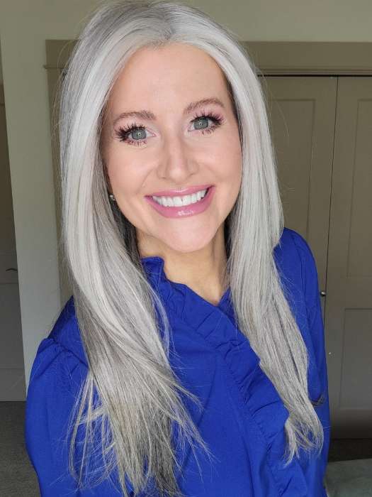 Natalie @vanish.into.thin.hair wearing SCENE STEALER by RAQUEL WELCH WIGS in color RL51/61 ICED GRANITA | Lightest Grey Progresses to a Deep Grey at the Nape
