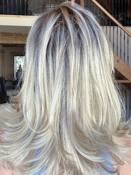 Susan Sparks from @an_affair_with_hair is wearing NADIA by ENVY BY ALAN EATON in color CHAMPAGNE SHADOW | Soft Dark Blonde with Platinum Highlights and Chestnut Roots