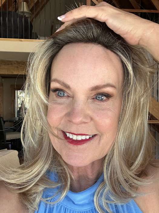 Susan Sparks from @an_affair_with_hair is wearing NADIA by ENVY BY ALAN EATON in color CHAMPAGNE SHADOW | Soft Dark Blonde with Platinum Highlights and Chestnut Roots
