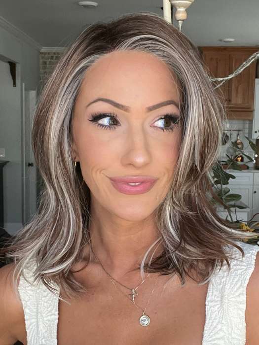 Jenna Fail @jenna_fail wearing DAZZLING WAVEZ by RENE OF PARIS in color SNOWY UMBER R | Medium Ginger Brown base with White Blond highlights. FB MAIN IMAGE