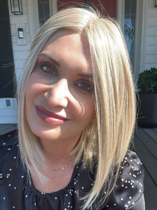 Emily Herrin @she_sheds_more wearing GLAM ERA by GABOR in color GF19-23 BISCUIT | Light Ash Blonde Evenly Blended with Cool Platinum Blonde
