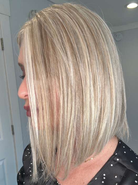 Emily Herrin @she_sheds_more wearing GLAM ERA by GABOR in color GF19-23 BISCUIT | Light Ash Blonde Evenly Blended with Cool Platinum Blonde
