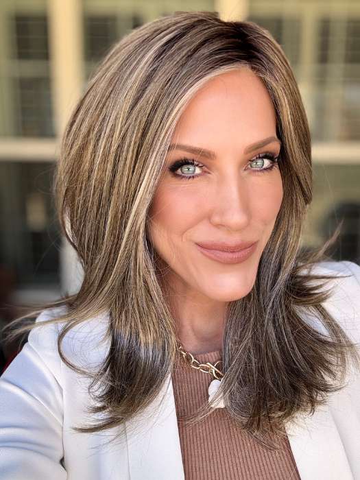 Kristyna Moore wearing FRONT COVER by GABOR in color GF12-22SS SHADED CAPPUCCINO | Light Golden Brown Evenly Blended with Cool Platinum Blonde Highlights with Dark Roots