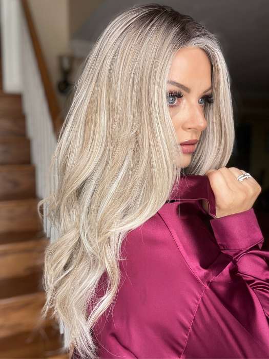 Sandy @i_be_wiggin wearing LONG TOUSLED WAVES by HAIRDO in color SS19/23 SHADED BISCUIT | Cool Platinum Blonde with subtle highlights and Medium Brown roots