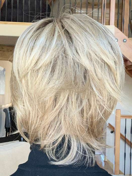 Susan @an_affair_with_hair wearing WHITNEY by ENVY BY ALAN EATON in color SPARKLING CHAMPAGNE | Medium Brown roots with overall Strawberry Blonde base and soft Golden Blonde highlights