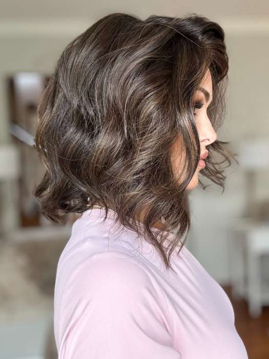 Crystal @crystallhoneycutt wearing BELLA VIDA by RAQUEL WELCH WIGS in color RL4/10SS ICED JAVA | Off Black shaded with Dark Brown