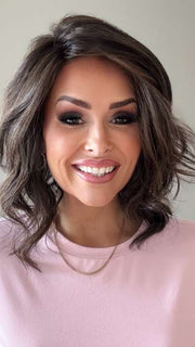 Crystal @crystallhoneycutt wearing BELLA VIDA by RAQUEL WELCH WIGS in color RL4/10SS ICED JAVA | Off Black shaded with Dark Brown