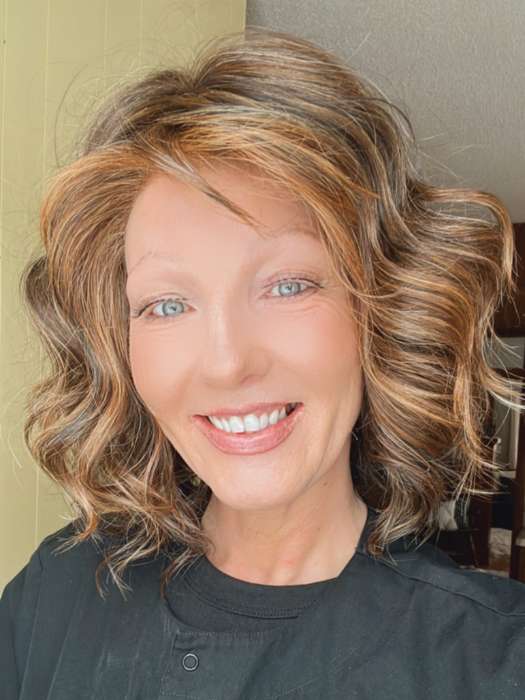 Alicia F. @wigginout wearing EDITOR'S PICK by RAQUEL WELCH WIGS in color RL8/29 HAZELNUT | Warm Medium Brown Evenly Blended with Ginger Blonde