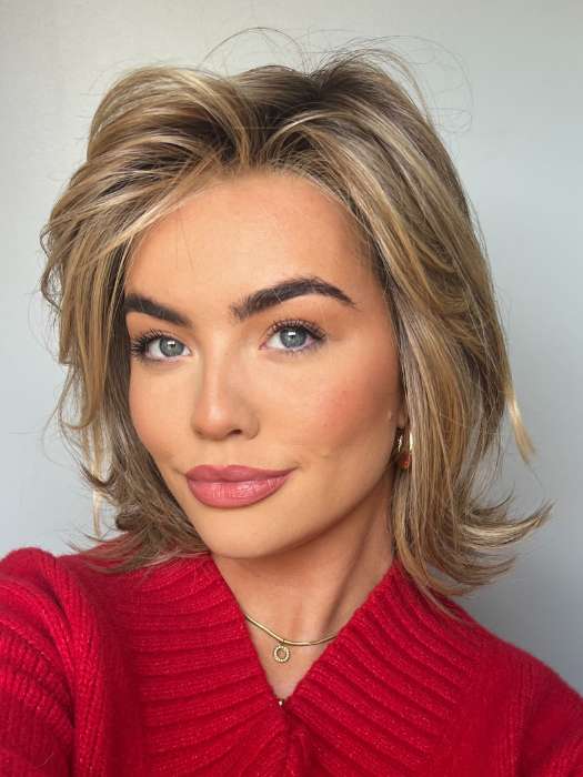 Olivia McVeigh @oliviamcveigh_ wearing Elizabeth by Jon Renau in color 24BT18S8 SHADED MOCHA | Medium Natural Ash Blonde & Light Natural Gold Blonde Blend, Shaded with Medium Brown