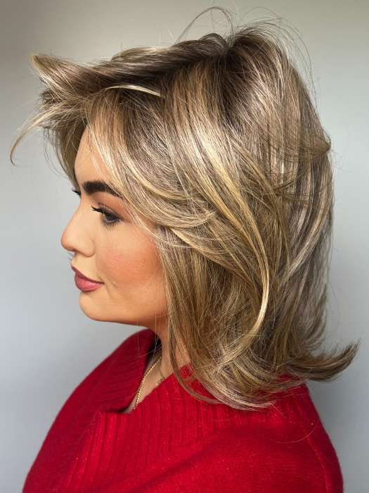 Olivia McVeigh @oliviamcveigh_ wearing Elizabeth by Jon Renau in color 24BT18S8 SHADED MOCHA | Medium Natural Ash Blonde & Light Natural Gold Blonde Blend, Shaded with Medium Brown