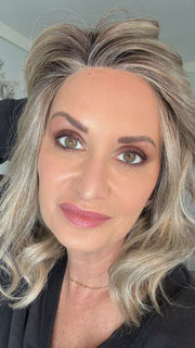 Emily Herrin @she_sheds_more wearing BELLA VIDA by RAQUEL WELCH WIGS in color RL9/24SS SHADED ICED CAFÉ LATTE | Dark Brown shaded with Golden Brown
