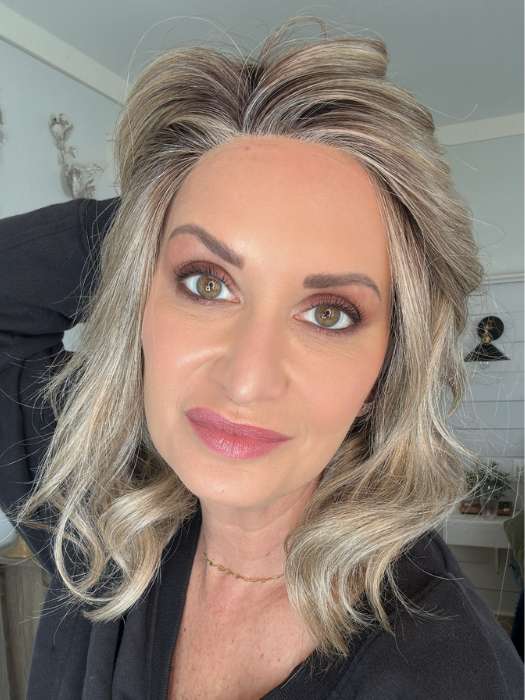 Emily Herrin @she_sheds_more wearing BELLA VIDA by RAQUEL WELCH WIGS in color RL9/24SS SHADED ICED CAFÉ LATTE | Dark Brown shaded with Golden Brown