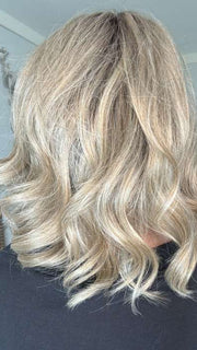 Emily Herrin @she_sheds_more wearing BELLA VIDA by RAQUEL WELCH WIGS in color RL9/24SS SHADED ICED CAFÉ LATTE | Dark Brown shaded with Golden Brown