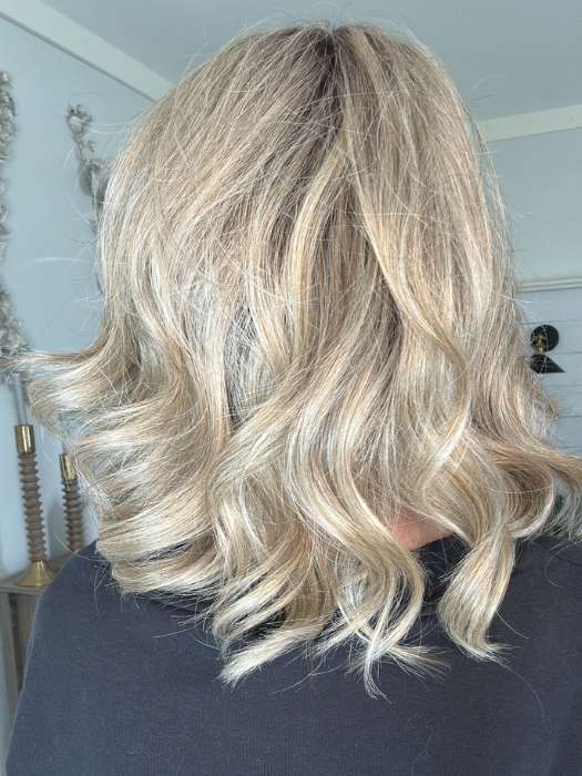 Emily Herrin @she_sheds_more wearing BELLA VIDA by RAQUEL WELCH WIGS in color RL9/24SS SHADED ICED CAFÉ LATTE | Dark Brown shaded with Golden Brown