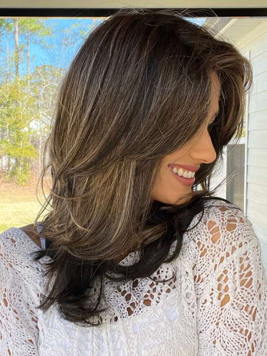 Jenna Fail @jenna_fail wearing JOY by ENVY BY ALAN EATON in shade AMARETTO-CREAM | Dark Brown roots with overall Medium Brown base with Honey Blonde highlights