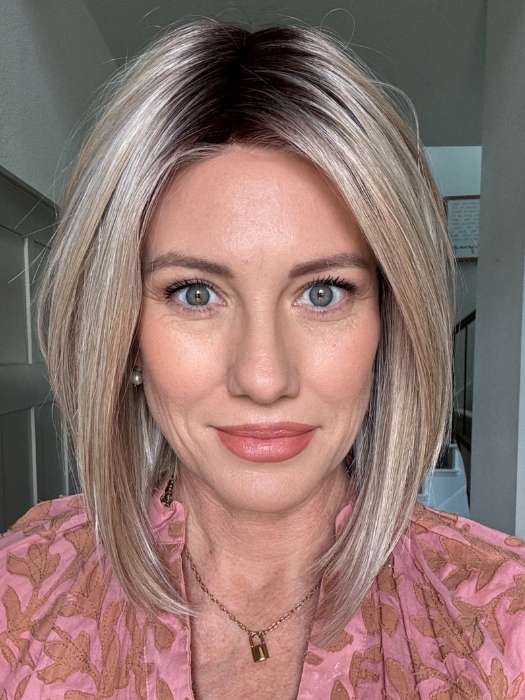 Jenny B. @thewiggygirl wearing GLAM ERA by Gabor in color GF19-23SS BISCUIT | Light Ash Blonde Evenly Blended with Cool Platinum Blonde with Dark Roots