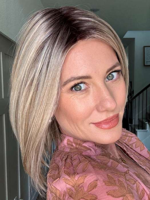 Jenny B. @thewiggygirl wearing GLAM ERA by Gabor in color GF19-23SS BISCUIT | Light Ash Blonde Evenly Blended with Cool Platinum Blonde with Dark Roots