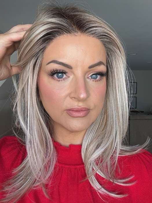 Sandy @i_be_wiggin wearing SEVILLE by BelleTress in color MILKSHAKE BLONDE R | A mixture of Light Sandy Brown, Highlighted with Light Ash Blonde with a Hint of Light Platinum Blonde with a Medium Root Color