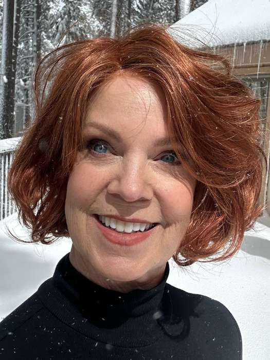 Susan Sparks @sparkles_intheworld wearing GIA MONO by Envy in color LIGHTER RED | Irish Red with subtle Blonde Highlights