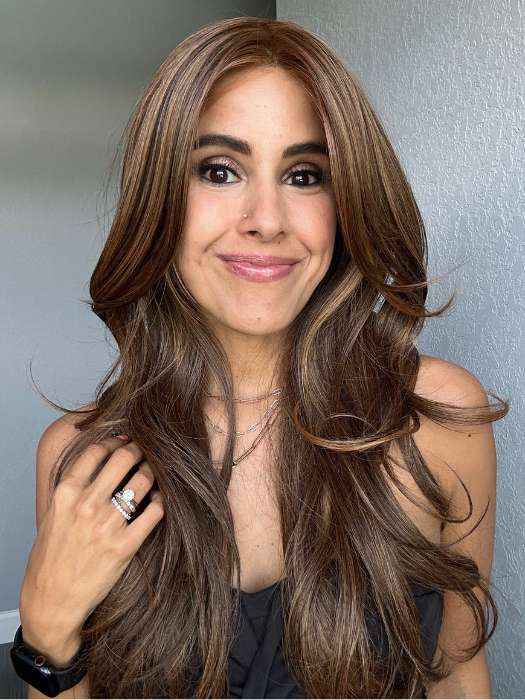 Lorena @faux.hurr.lifee wearing FEATURE LENGTH by RAQUEL WELCH in shade RL5/27 GINGER BROWN | Warm Medium Brown Evenly Blended with Medium Golden Blonde