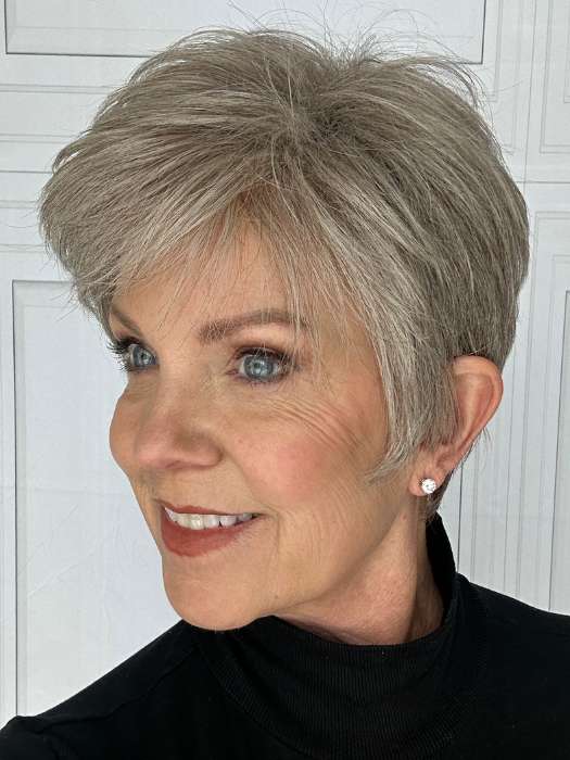 Susan @an_affair_with_hair wearing JAWDROPPER by GABOR in shade GF119 SILVER AND SMOKE | Light Brown With 80% Gray in Front Gradually Blended Into 50% Gray in Nape Area