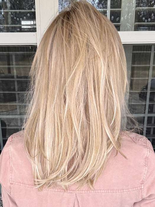 Kristyna Moore @kristynamoore wearing SEVILLE by BelleTress in color CRUSHED ALMOND BLONDE R | A soft Neutral Light Blonde with a Light and Medium Blended Root Color.