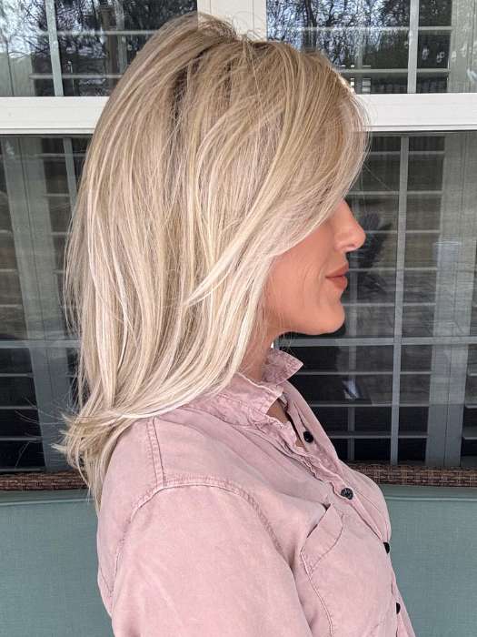 Kristyna Moore @kristynamoore wearing SEVILLE by BelleTress in color CRUSHED ALMOND BLONDE R | A soft Neutral Light Blonde with a Light and Medium Blended Root Color.