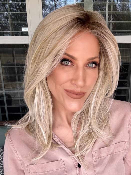 Kristyna Moore @kristynamoore wearing SEVILLE by BelleTress in color CRUSHED ALMOND BLONDE R | A soft Neutral Light Blonde with a Light and Medium Blended Root Color.