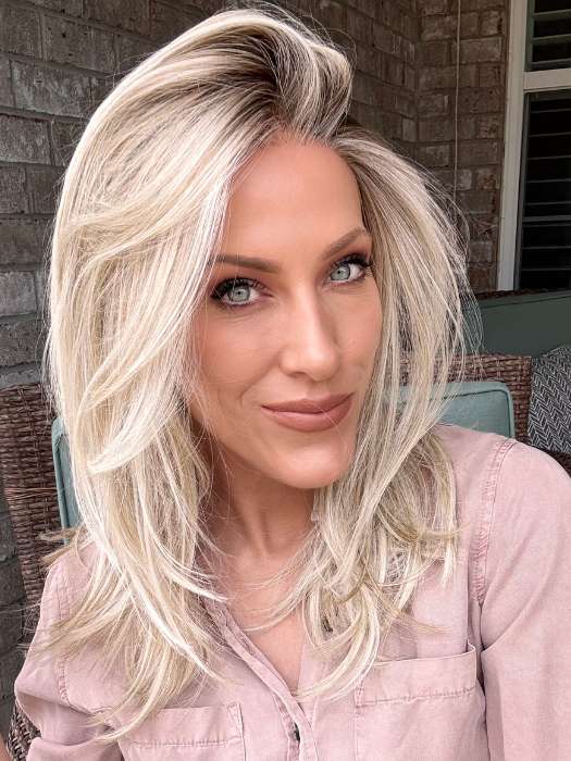 Kristyna Moore @kristynamoore wearing SEVILLE by BelleTress in color CRUSHED ALMOND BLONDE R | A soft Neutral Light Blonde with a Light and Medium Blended Root Color.