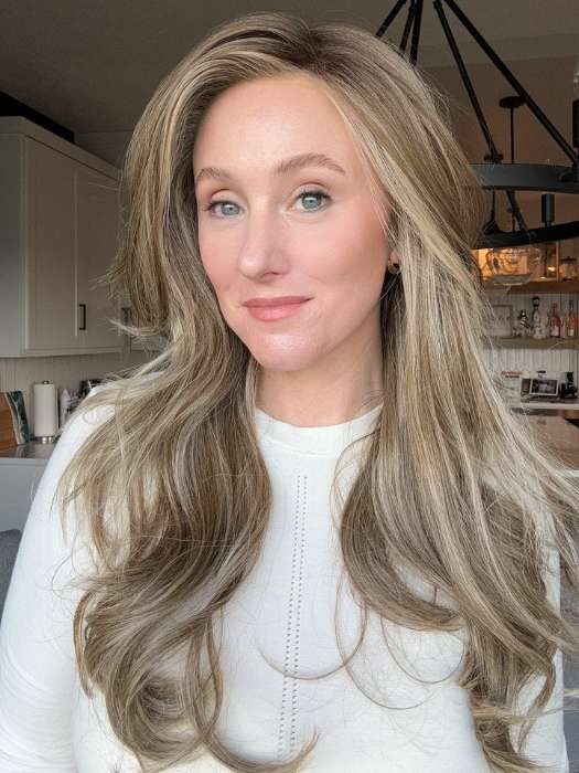 Carly @carlynwilson84 wearing MODEL MODE by RAQUEL WELCH WIGS in color RL10/22SS SHADED ICED CAPPUCCINO | Light Brown Shaded with Medium Blonde
