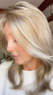 Alicia F. @wigginout wearing MIRANDA LITE by JON RENAU in color 22F16S8 VENICE BLONDE | Light Ash Blonde and Light Natural Blonde Blend Shaded with Medium Brown