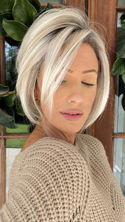 Jenna @jenna_fail wearing IDALIA by JON RENAU in color FS17/101S18 PALM SPRINGS BLONDE | Light Ash Blonde with Pure White Natural Violet Bold Highlights, Shaded with Dark Natural Ash Blonde