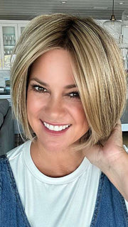 Susan @wigs_with_wisdom wearing STRAIGHT UP WITH A TWIST ELITE by RAQUEL WELCH WIGS in color RL1621SS SHADED SAND | Light Blonde shaded with Medium Brown. FB MAIN IMAGE
