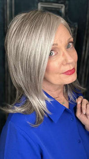 Mel B. @mels.be.ageless wearing HARLEE by NORIKO in color SILVER-STONE | Dark Brown Base with Multi Grey Shades Blended

