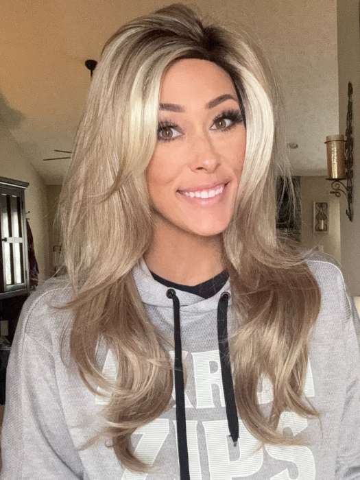Nichole Corbett @nicholealee wearing ANGELICA PM by NORIKO in color AARABIAN SAND™ | Neutral Chocolate Brown Roots fade into a Neutral Blonde Base, blended with Sandy, Chestnut, Golden, and Honey Blondes, with Soft Creamy Blonde Highlights and Face-Framing Lowlights