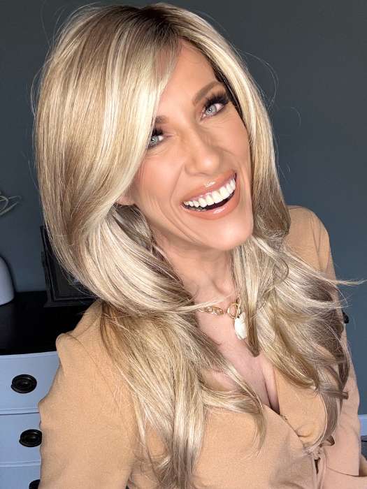 Kristyna Moore @kristynamoore wearing ANGELICA PM by NORIKO in color ARABIAN SAND™ | Neutral Chocolate Brown Roots fade into a Neutral Blonde Base, blended with Sandy, Chestnut, Golden, and Honey Blondes, with Soft Creamy Blonde Highlights and Face-Framing Lowlights