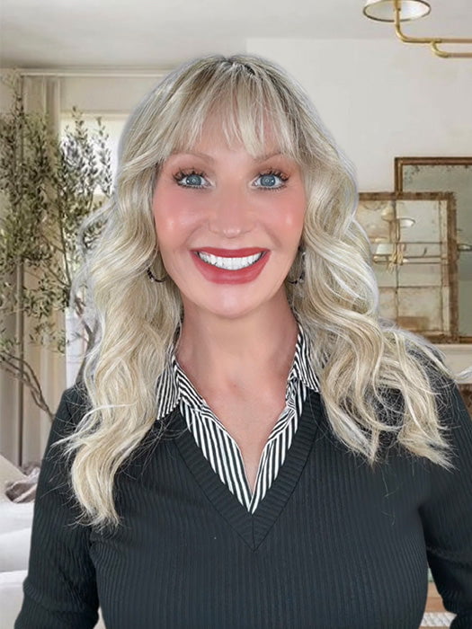 Kim Hammon @letstalkwithkim wearing WESTWOOD by BELLE TRESS in color BUTTERBEER R | Dark Brown Base and Root that transitions smoothly into a buttery blonde, infused with creamy honey and toffee tones