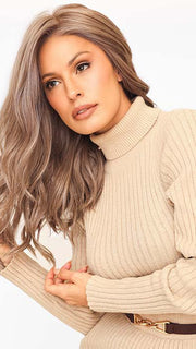 Roxie wigs.com model in SELFIE MODE by RAQUEL WELCH in color RL38 SMOKED WALNUT | Light Brown with 50% Gray