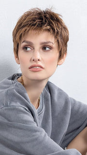 Model wearing CHAT by Ellen Wille in CHOCOLATE ROOTED 830.27 | Medium Brown, Light Auburn, Dark Strawberry Blonde, and Dark Auburn Blend with Shaded Roots