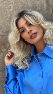HEAVEN by ELLEN WILLE in SANDY BLONDE ROOTED 16.22.26 | Medium Blonde and Light Neutral Blonde with Light Golden Blonde Blend and Shaded Roots
