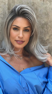 MELODY LARGE by ELLEN WILLE in STONEGREY ROOTED 58.51.56 | Grey with Black/Dark Brown and Lightest Blonde Blend with Shaded Roots