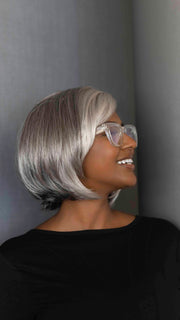 NIKI by Rene of Paris in SILVER-STONE | Silver Medium Brown Blend That Transitions To More Silver Then Medium Brown Then To Silver Bangs