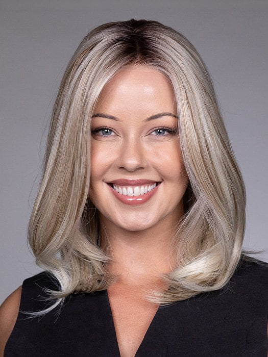 Model is wearing ADRIANA by BELLETRESS in color BUTTERBEER R | Dark Brown Base and Root that transitions smoothly into a buttery blonde, infused with creamy honey and toffee tones