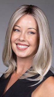 Model is wearing ADRIANA by BELLETRESS in color BUTTERBEER R | Dark Brown Base and Root that transitions smoothly into a buttery blonde, infused with creamy honey and toffee tones