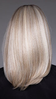 Model is wearing ADRIANA by BELLETRESS in color BUTTERBEER R | Dark Brown Base and Root that transitions smoothly into a buttery blonde, infused with creamy honey and toffee tones