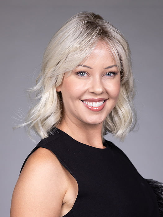 Model is wearing ATHEN by BELLETRESS in color ALPINE CREAM R | Icy Blonde Shade with a Cool, Creamy Base Softened by Hints of Pale Beige