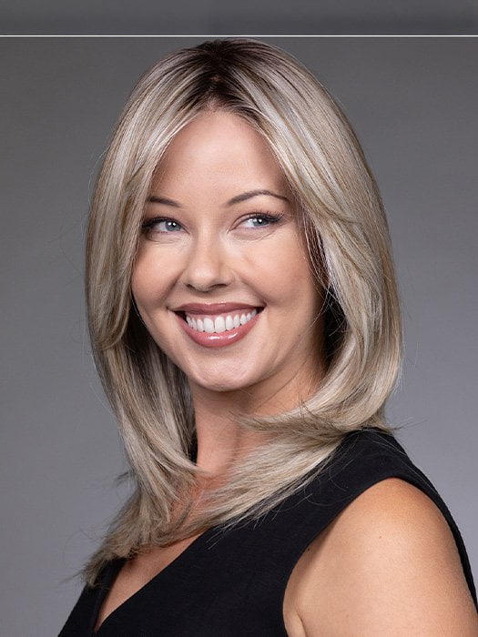 Model is wearing BAILEY by BELLETRESS in color BUTTERBEER R | Dark Brown Base and Root that transitions smoothly into a buttery blonde, infused with creamy honey and toffee tones