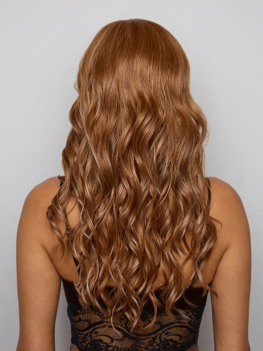 Model is wearing ESME by RENE OF PARIS in color CARAMEL COPPER | One‑tone Caramel Copper shade enhanced with ultra‑fine Cream Blonde highlights
